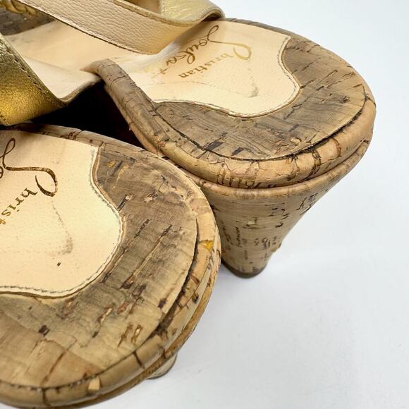 CHRISTIAN LOUBOUTIN Red Bottoms Gold Slingback Peep Toe Cork Platform Wedges - Picture 8 of 11